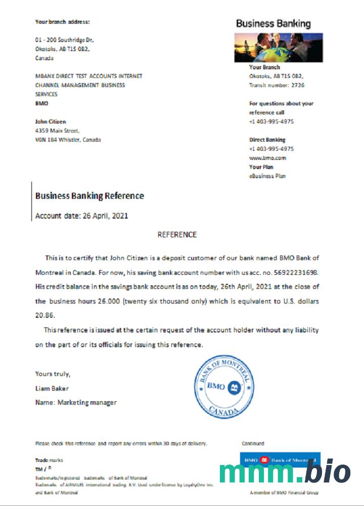 Przykład odniesienia Canada BMO Bank of Montreal w formatach Word i PDF